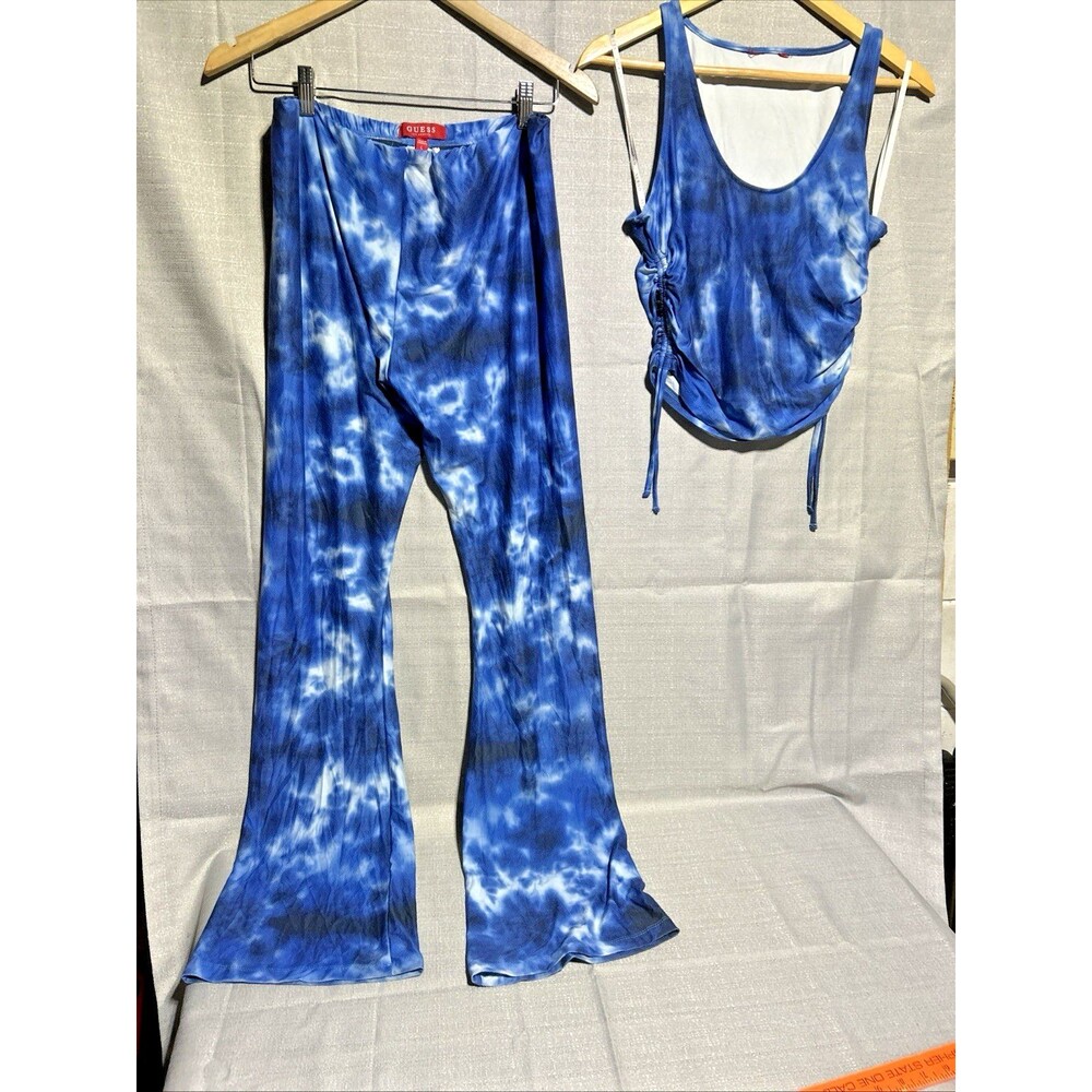 Guess Blue Tie Dye 2 piece set Ruched Crop‎ Top Flared Bell Bottom Pants Large